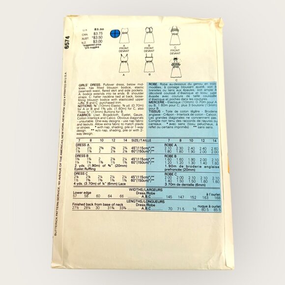 Vintage Butterick Sewing Pattern 6574 Girls Dress Size 12-14 - Picture 2 of 2